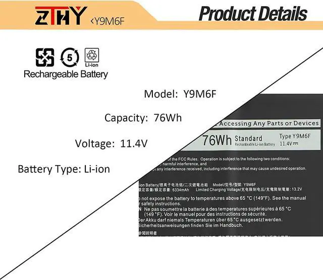 Alt view image 3 of 7 - ZTHY Y9M6F Laptop Battery Replacement for Dell Alienware M15 R2 P87F Alienware M17 R2 P41E Series 0Y9M6F 8K84V 08K84V P41E001 P87F001 11.4V 76Wh 6334mAh