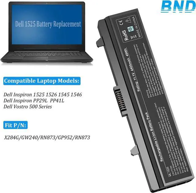 Alt view image 3 of 7 - BND Laptop Battery Compatible with Dell X284G 1545 1525 1526 PP29L PP41L Series Vostro 500, fits P/N GW240 RN873 GP952 M911G M911 RU586 C601H 312-0844-[6-Cell /49Wh]