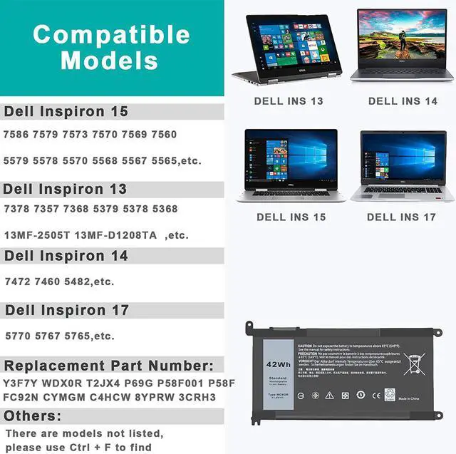 Alt view image 3 of 7 - SLE-TECH New WDX0R Notebook Battery for dell Inspiron 15 5565 5567 5568 5578 7560 7570 7579 7569 13 5368 5378 7368 7378 17 5765 5767 5770 Series;fit dell 3CRH3 T2JX4 FC92N CYMGM Laptop
