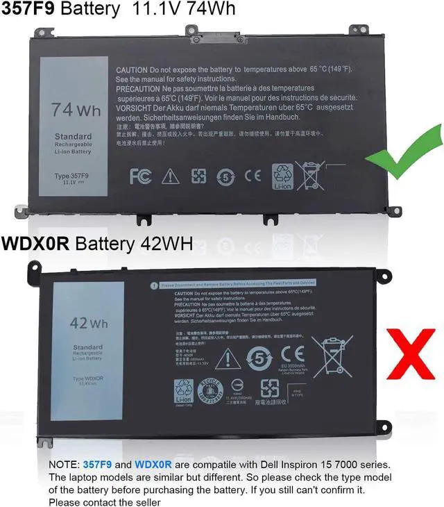 Alt view image 2 of 7 - 74WH 357F9 Laptop Battery for Dell Inspiron 15 7000 Gaming 15 7559 i7559 7557 i7557 5577 7567 5576 7566 i7559-5012GRY i5577-7342blk-pus INS15PD Series P65F P65F001 P57F 71jf4 071jf4 0GFJ6 0357F9