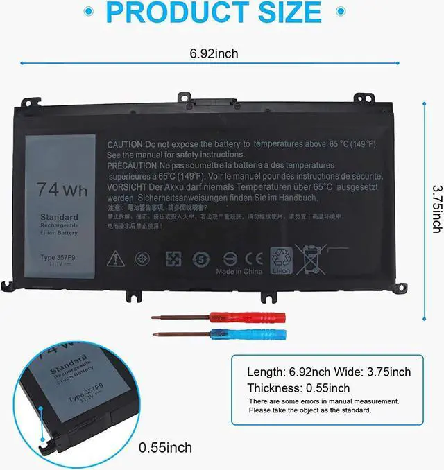 Alt view image 3 of 7 - 74WH 357F9 Laptop Battery for Dell Inspiron 15 7000 Gaming 15 7559 i7559 7557 i7557 5577 7567 5576 7566 i7559-5012GRY i5577-7342blk-pus INS15PD Series P65F P65F001 P57F 71jf4 071jf4 0GFJ6 0357F9