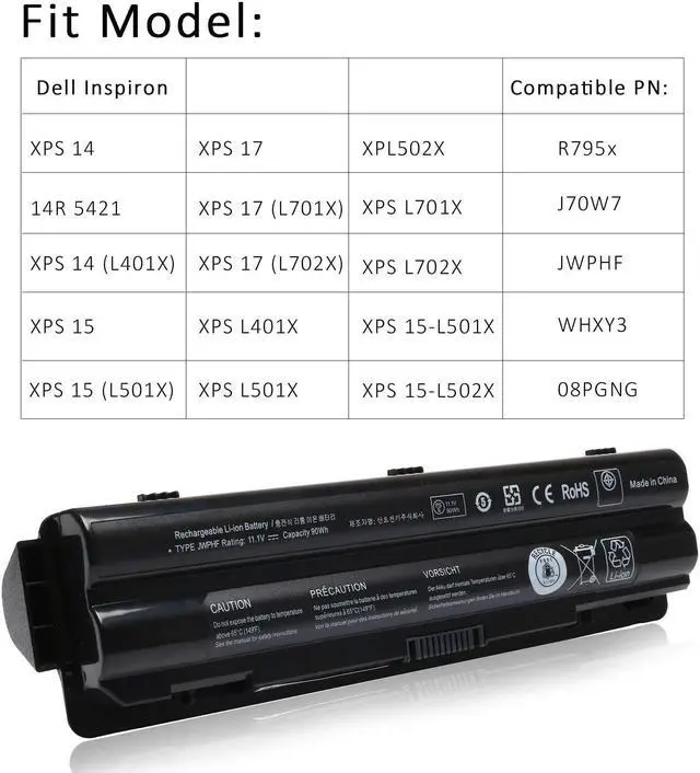 Alt view image 2 of 7 - New 90Wh R795x Laptop Battery Replacement for Dell XPS L702X L701X 17 15 14 1591 L502X L501X L702X L721X fit: 312-1123 312-1127 J70W7 JWPHF WHXY3 Notebook Battery [11.1V 90Wh ]