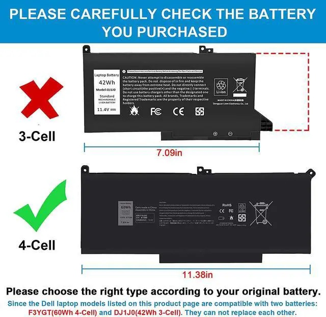 Alt view image 2 of 7 - 60Wh F3YGT Laptop Battery for Dell Latitude 12 7000 7280 7290/13 7000 7380 7390 P29S002/14 7000 7480 7490 P28S P28S001 P73G P73G002 Series DM3WC 0DM3WC DM6WC 2X39G KG7VF V4940 451-BBYE 453-BBCF