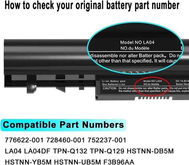 Alt view image 3 of 7 - LA04 Battery Compatible with HP 776622-001 728460-001 752237-001 LA04DF TPN-Q132 TPN-Q129 HSTNN-DB5M HSTNN-YB5M HSTNN-UB5M F3B96AA ; HP Pavilion 14 15 TouchSmart Series [14.8V;2600mAh/38wh;4-Cell]