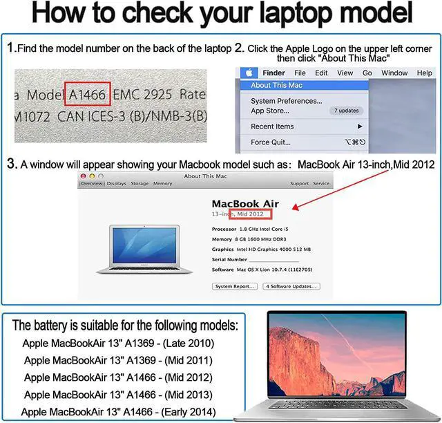 Alt view image 5 of 6 - A1466 Replacement Battery for MacBook Air 13 inch 2017, Early 2015 Early 2014, Mid 2013 Mid 2012 Mid 2011, Late 2010 7200mAh 7.6V Fits A1369 A1405 A1496 A1377