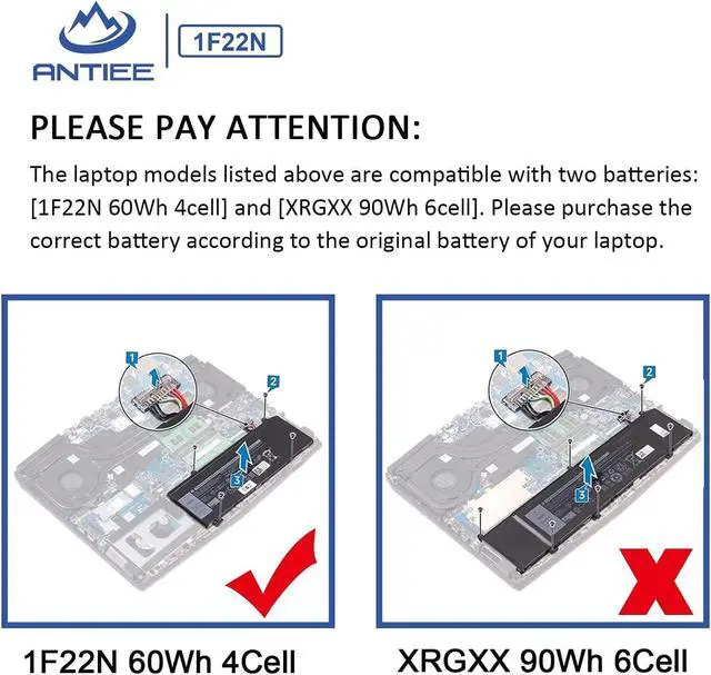 Alt view image 7 of 7 - ANTIEE 60Wh 1F22N Laptop Battery for Dell Alienware M15 R1 P79F, Alienware M17 R1 P37E, Dell G5 5590/ G7 7590/ G7 7790 Series P79F001 P37E001 JJPFK 0JJPFK HYWXJ 0HYWXJ 01F22N 06YV0V 8622M 15.2V