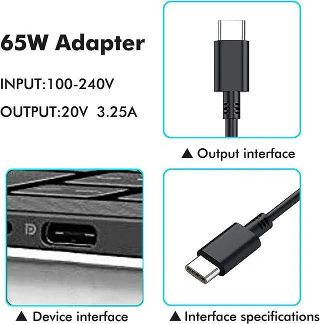 Alt view image 3 of 7 - DJW 65W Type-C Ac Adapter/Power Cord Supply for Dell XPS 12 9250 XPS 13 9350 9360 9365 ; Latitude 7275 7370 7375 LA65NM170 DA65NM170 ; Venue8 pro 5855