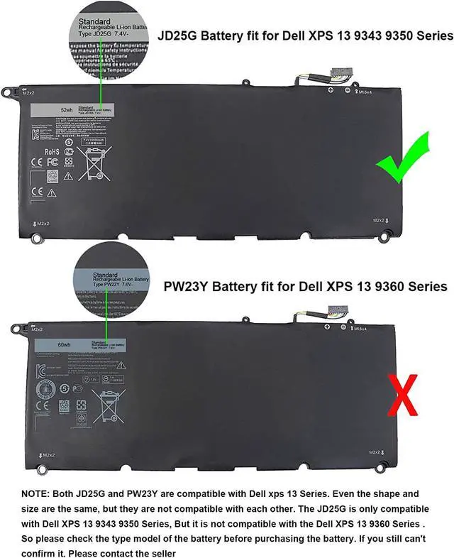 Alt view image 2 of 7 - XPS 13 9350 9343 JD25G 90V7W Battery for Dell XPS13 XPS 13 9343 9350 P54G JHXPY JHXPY53 5K9CP DIN02 090V7W 0DRRP RWT1R 0RWT1R 0N7T6 XPS13D-9343-1708 13D-9343-3708 13-9350-D1508G