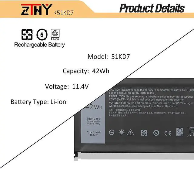 Alt view image 3 of 7 - ZTHY 51KD7 Laptop Battery Replacement for Dell Chromebook 11 3100 3180 3189 5190 3181 2-in-1 Series P28T001 Y07HK FY8XM 0FY8XM 11.4V 42Wh 3-Cell 3500mAh