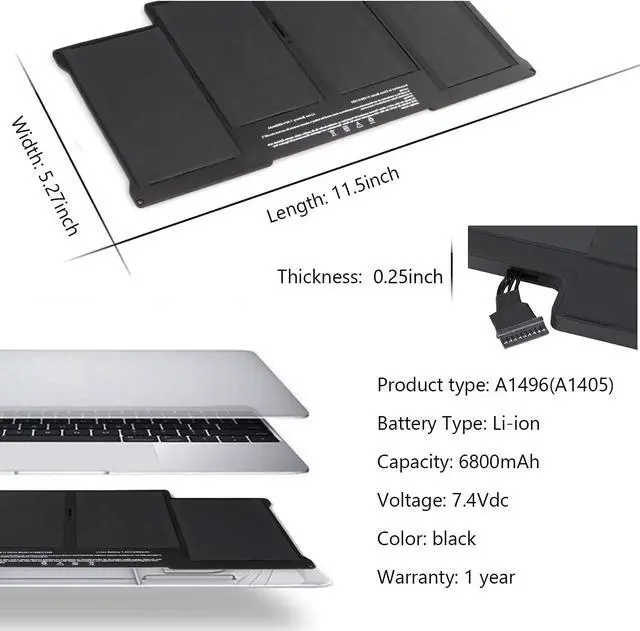 Alt view image 2 of 7 - A1405 A1496 Laptop Battery Compatible with MacBook Air 13 inch A1466(Mid 2012, Mid 2013,Early 2014, Early 2015, 2017) A1369(Late 2010, Mid 2011) A1377 661-5731 MC503 MC504[7150mAh 7.6V 54.4Wh 4Cells]