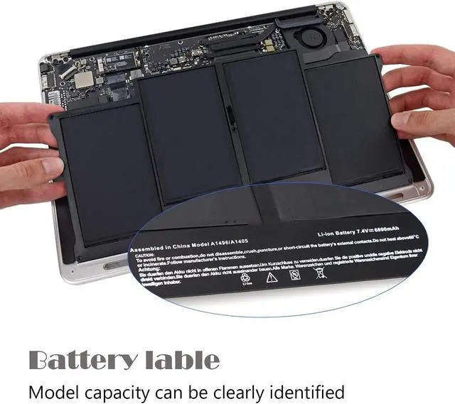 Alt view image 4 of 7 - A1405 A1496 Laptop Battery Compatible with MacBook Air 13 inch A1466(Mid 2012, Mid 2013,Early 2014, Early 2015, 2017) A1369(Late 2010, Mid 2011) A1377 661-5731 MC503 MC504[7150mAh 7.6V 54.4Wh 4Cells]