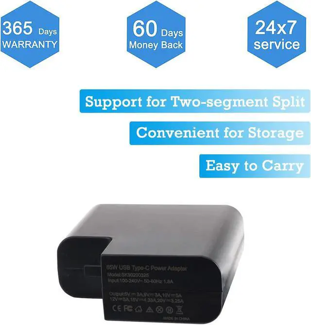 Alt view image 6 of 7 - 65W USB C Laptop Charger for HP Spectre x360 13 Series 13-ac023dx 13-ac033dx 13-ae015dx 13-w023dx 13-w013dx 13-v011dx 13-v111dx Ac Adapter Power Cord