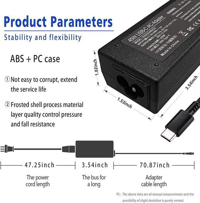 Alt view image 2 of 6 - 45W USB-C Charger 918337-001 for HP Chromebook 2nd Gen AST MTK C340 s330 S340 ADLX45YLC3D 4X20E75131 4x20m26268;for Lenovo ThinkPad T480 T580s Laptop Power Supply Cord