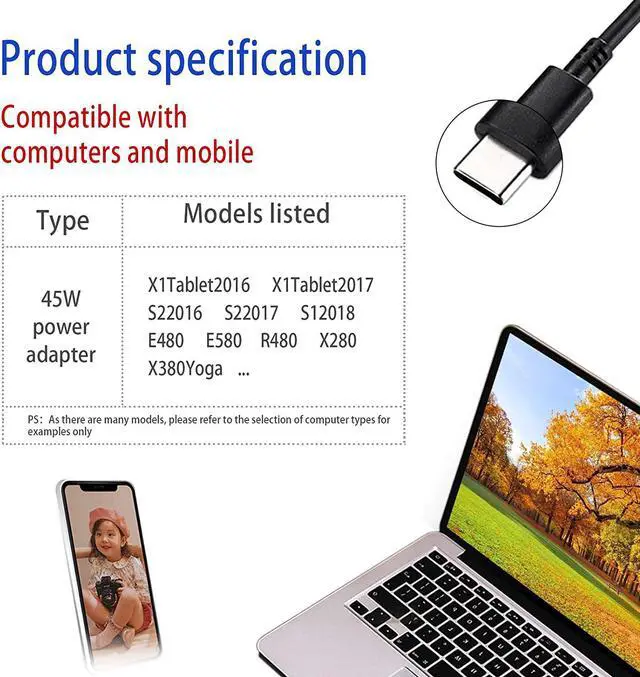 Alt view image 5 of 6 - 45W USB-C Charger 918337-001 for HP Chromebook 2nd Gen AST MTK C340 s330 S340 ADLX45YLC3D 4X20E75131 4x20m26268;for Lenovo ThinkPad T480 T580s Laptop Power Supply Cord