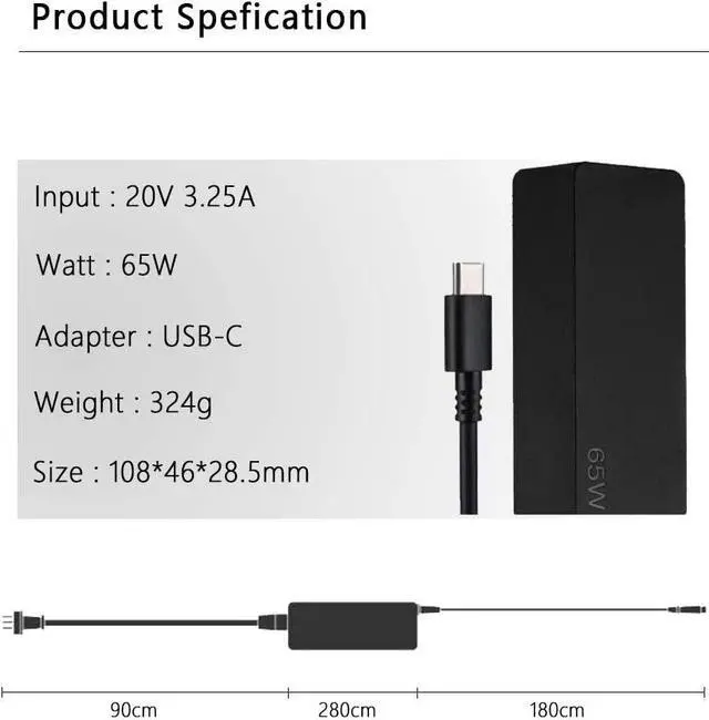 Alt view image 3 of 7 - Laptop Charger for Lenovo USB c 65w 45W Compatible with Lenovo Type-C USB AC Adapter 65 Watt 20V 3.25A fit Yoga C930-13, Yoga S730-13, Yoga 920-13, Yoga 730-13, IdeaPad 730s-13, GX20P92530 Black