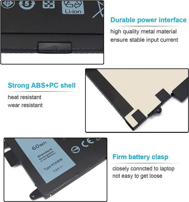 Alt view image 3 of 7 - Emanjor 60Wh K5XWW 7.6V Laptop Battery for Dell Latitude 5289 7389 7390 E5289 2-in-1 L3180 P29S P29S001 P29S002 N18GG 71TG4 725KY 6CYH6 451-BBZC 4-Cell