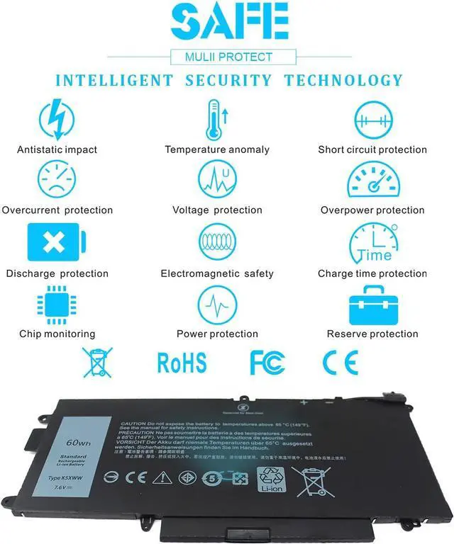 Alt view image 7 of 7 - Emanjor 60Wh K5XWW 7.6V Laptop Battery for Dell Latitude 5289 7389 7390 E5289 2-in-1 L3180 P29S P29S001 P29S002 N18GG 71TG4 725KY 6CYH6 451-BBZC 4-Cell