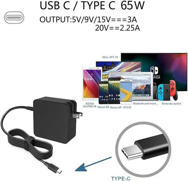Alt view image 2 of 7 - USB C Laptop Charger 65W Fit for HP EliteBook x360 830 840 850 735 745 1040 250 G5 G6 G7 1020 1030 G2 G3 G4 ProBook 450 440 650 Spectre Elite x2 1013 G3 with Type C Power Supply AC Adapter Cord