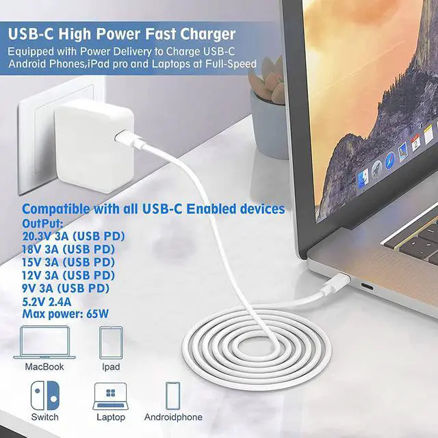 Alt view image 2 of 7 - 61W/65W USB C Charger Power Adapter for Mac Pro 13, 15 inch, New Mac Air 13 inch 2020/2019/2018, Mac 12 inch,iPad Pro 12.9/11 inch,Mac Charger Power Supply,Type C