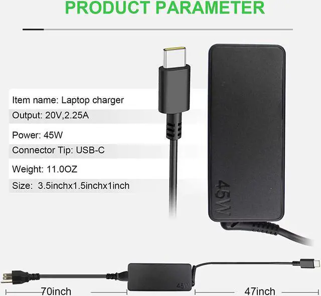 Alt view image 2 of 7 - USB-C 45W Chromebook Charger for Lenovo Type C USB-C Chromebook c330 100e 300e 500e ThinkPad Yoga L13 E14 E15 L14 L15 Series Laptop Power Supply Cord