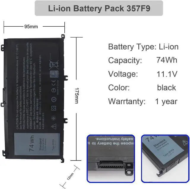 Alt view image 2 of 7 - 74WH 357F9 Laptop Battery for Dell Inspiron 15 7000 Gaming 15 7559 7557 5576 5577 7566 7567 7759 INS15PD Series P65F P57F 071JF4 0GFJ6 0357F9 11.1V