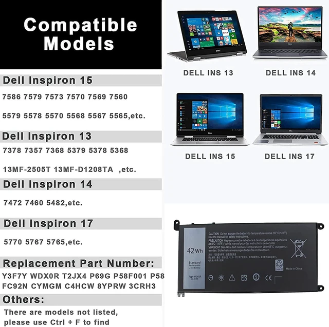 Alt view image 2 of 7 - Vinpera WDX0R?Laptop?Battery for DEll Inspiron 15 7579 5567 5578 5568 7569 5579 5565 7573 5570 7560 13 7378 5378 5379 5368 7368 17 5767 5765 Latitude 3189 3580 P66F P58F P32E 3CRH3 T2JX4
