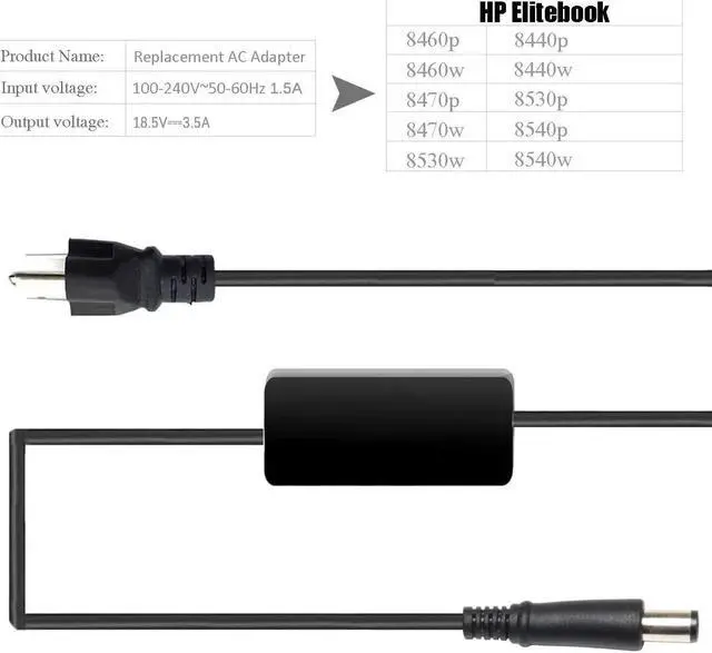 Alt view image 5 of 7 - 65W AC Power Laptop Charger for Hp Elitebook Folio 9470m 9480m,Pavilion DV4 DV5 DV6 DV7 G6 G7,EliteBook Revolve 810 G1 G2 / 820 G1 Supply Power Cord