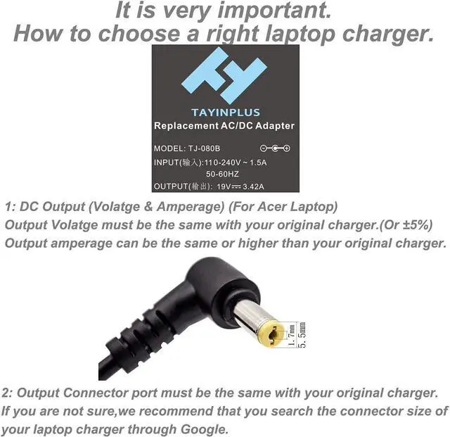 Alt view image 2 of 6 - 19V 3.42A 65W Laptop Charger AC Adapter Fit for N19c3 Acer Aspire E15 E5 E1 ES1 V5 E15 E5-573 E5-575 E5-576 Es1-572 e1-731-4699 A515-51 7741z 5742 A515-43-r19l Pa-1650-86 R3-471 Power Cord(5.5x1.7mm)