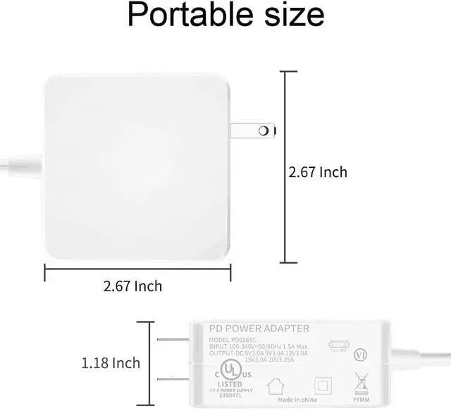 Alt view image 5 of 7 - 65W USB Type C PD Charger Adapter USB-C Laptops PD Charger for MacBook/Pro, Dell, HP Spectre, ASUS and More