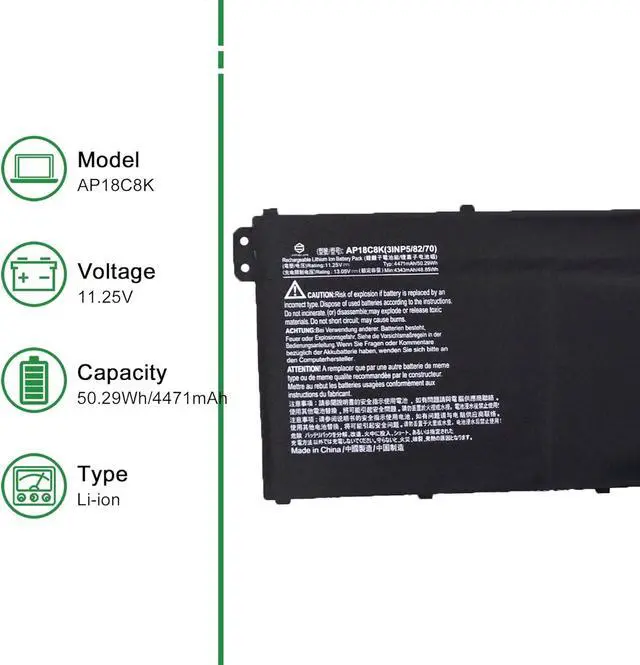Alt view image 2 of 5 - JIAZIJIA AP18C8K Laptop Battery Replacement for Acer Aspire 5 A514-52 A514-52-58U3 Chromebook 314 C933 Series Notebook Black 11.25V 50.29Wh 4471mAh
