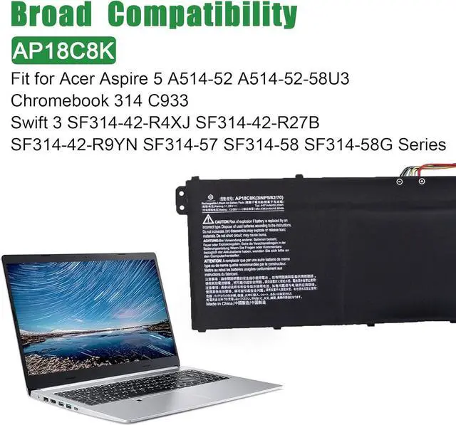 Alt view image 4 of 5 - JIAZIJIA AP18C8K Laptop Battery Replacement for Acer Aspire 5 A514-52 A514-52-58U3 Chromebook 314 C933 Series Notebook Black 11.25V 50.29Wh 4471mAh