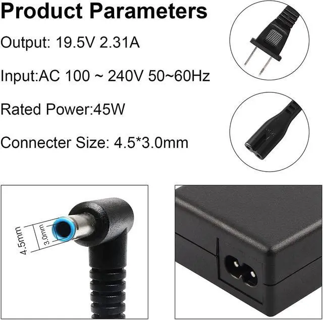 Alt view image 2 of 7 - 19.5V 2.31A 4.5x3.0mm 45W AC Adapter Power Charger for HP 741727-001 740015-002 HSTNN-CA40 7400015-001 740015-003 ADP-45WD Charger