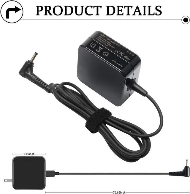 Alt view image 4 of 6 - 45W Laptop Charger Replacement for Lenovo IdeaPad 100s 310 320 330 330s 120s 510 520 530s 710s Flex 4 5 6 1470 1480 1570 ; Chromebook N22 N42; Yoga 710 11 14 15 ADLX65CCGU2A Adapter Power Supply Cord