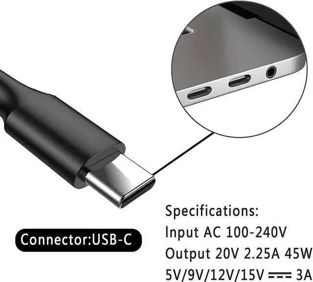 Alt view image 2 of 6 - 45W Type C Quick Laptop Charger for Acer Chromebook Spin 11 13 R13 14 15 CP311 CP311-1H CP311-1H-C1FS CP315 CP315-1HT CP315-1H-P8QY CP713 CP713-1WN Power Cord for Acer