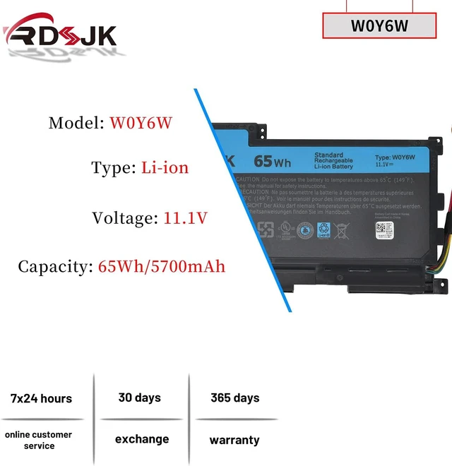 Alt view image 2 of 7 - W0Y6W Laptop Battery for Dell XPS 15 L521X XPS 15-L521X XPS15-3828 Series WOY6W 3NPC0 03NPC0 CN-03NPC0 9F233 09F233 9F2JJ 09F2JJ T1G6P 11.1V 65Wh