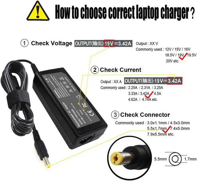Alt view image 2 of 7 - 65W 19V 3.42A AC Adapter Charger Compatible with Acer Aspire V5 V3 V7 S3 E1 R3 R7 M5 E1 5349 5750 5250 7560 AS7750, Monitor S202HL H236HL G246HL H276HL G276HL S220HQL HN274H PA-1650-86 Power Supply