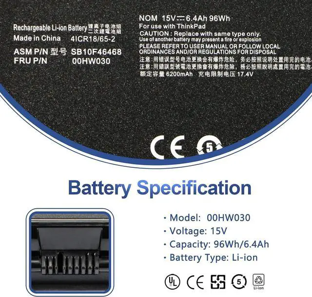 Alt view image 3 of 7 - ANTIEE 78++ 78+ 00HW030 SB10F46468 Laptop Battery Replacement for Lenovo ThinkPad P70 20ER 20ES, ThinkPad P71 20HK Series Notebook 01AV451 4X50K14092 5B10W13950 15V 96Wh 6400mAh 8-Cell