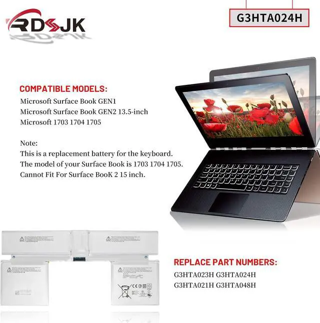 Alt view image 3 of 7 - G3HTA024H G3HTA023H G3HTA021H G3HTA048H Laptop Battery for Microsoft Surface Book 1 2 Gen1 Gen2 Tablet Model 1703 1704 1705 13.5inch Keyboard with Tools 7.5V 51Wh(Not for Book 1 Screen)