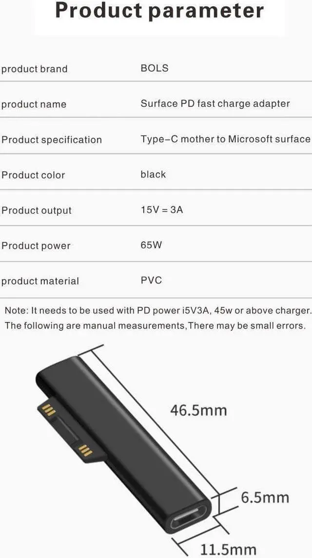 Alt view image 5 of 7 - BOLS Type-c Female to Microsoft Surface Magnetic PD65W 15V/3A Fast Charging Adapter Compatible with Surface Pro 3/4/5/6 Pro GO Laptop Book 1/2
