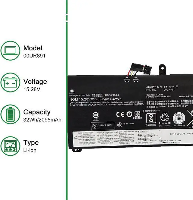 Alt view image 2 of 5 - 00UR891 SB10L84122 Laptop Battery Replacement for Lenovo ThinkPad T570 T580 P51s P52s Series Notebook 00UR892 SB10L84123 00UR890 01AV493 SB10L84121 15.28V 32Wh 2095mAh