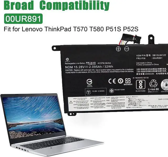 Alt view image 4 of 5 - 00UR891 SB10L84122 Laptop Battery Replacement for Lenovo ThinkPad T570 T580 P51s P52s Series Notebook 00UR892 SB10L84123 00UR890 01AV493 SB10L84121 15.28V 32Wh 2095mAh
