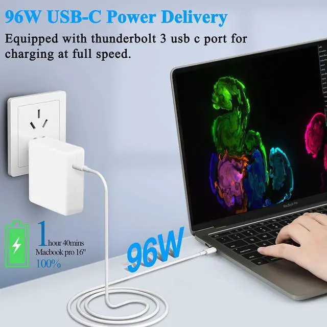 Alt view image 2 of 6 - CZRR 96W USB C Charger Power Adapter for Mac Pro 15, 13 inch, Mac Air 13 inch 2020/2019/2018, Mac 12 inch, Thunder Bolt 3 with USB-C Charge Cable (6.6ft/2m)