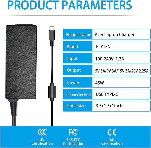 Alt view image 2 of 7 - 45W USB C Charger for Acer Chromebook Spin 11 13 15 CP311 CP315 CP713 CP311-1H CP311-2H CP311-1H-C1FS 1H-C5PN 1HN-C2DV 2H-C679 CP315-1H CP315-1H-P8QY CB311-8H CB314 CB315 Acer Laptop Charger Type-C