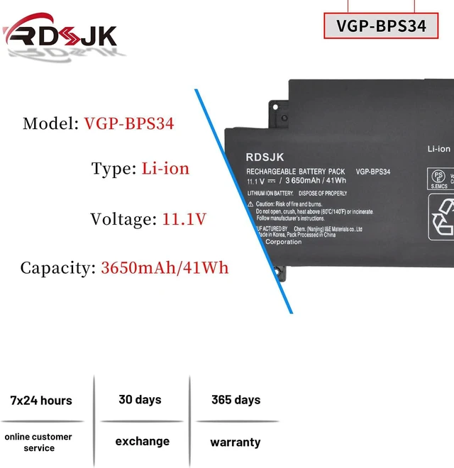Alt view image 2 of 7 - VGP-BPS34 VGP-BPL34 Laptop Battery for Sony Vaio Fit 14 15 Touch SVF14AC1QL SVF14A14CXP SVF14A16CXB SVF15A1ACXB SVF15A1ACXS SVF15A1BCXB SVF15A1BCXS SVF15A1CCXB SVF15A1DPXB SVF15A18CXB 11.1V 41Wh