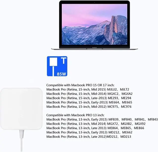 Alt view image 3 of 7 - Replacement for MacBook Pro Charger 85W T-Tip Power Supply Adapter for Mac Book Pro with Retina Display Cord A1278 A1344 A1398 A1424 A1425 A1435 A1465 A1466 A1502
