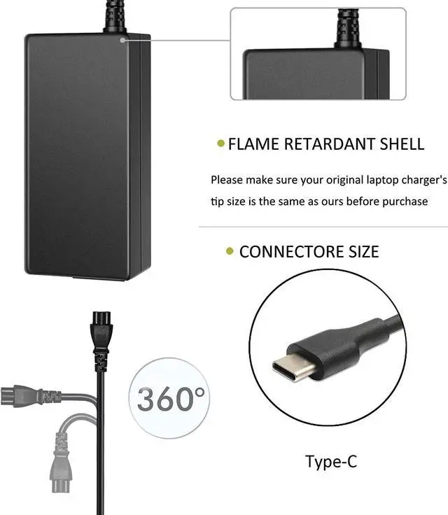 Alt view image 2 of 7 - 45W Type C USB C Laptop Charger AC Adapter fit for Acer Chromebook Spin 11 13 R 13 R13 14 15 311 314 511 512 N16Q12 N18Q1 N15Q13 PA-1450-78 CB311-8H Power Supply Cord