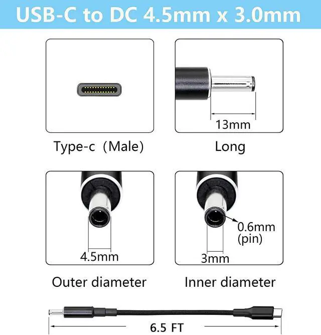 Alt view image 2 of 7 - USB C to 4.5mm Adapter Cable Braided Fast 100W Power Pack Charging Supply Type C Male to DC 4.5 x 3.0mm Barrel Plug Converter Cord for Latitude Inspiron 11 12 13 3000 5000 7000 Dell Laptop PD Charger