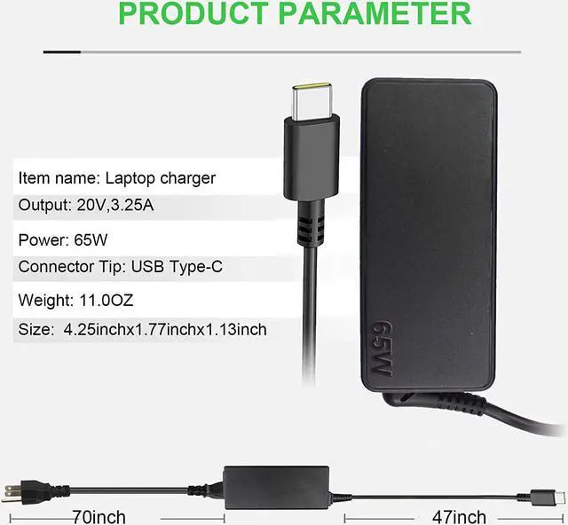 Alt view image 3 of 6 - 65W USB C Type C Laptop Charger Fit for Lenovo ThinkPad P43s P53s X1 Tablet Carbon Yoga Chromebook C330 100E 300E ThinkPad Yoga L14 L15 T14s 730-13ikb c740-15iml ADLX45YCC2E ADLX65YLC3A 4X20M26268