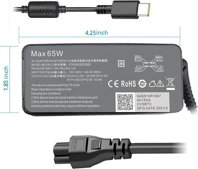 Alt view image 5 of 6 - 65W USB C Type C Laptop Charger Fit for Lenovo ThinkPad P43s P53s X1 Tablet Carbon Yoga Chromebook C330 100E 300E ThinkPad Yoga L14 L15 T14s 730-13ikb c740-15iml ADLX45YCC2E ADLX65YLC3A 4X20M26268