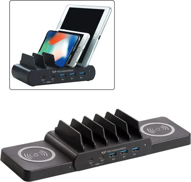 Main image of Techsmarter 7-Port Charging Station with 100W Dual USB-C PD, Dual 15W Wireless Charger, Three 18W Fast Charging USB Ports. Compatible with MacBook, iPad, iPhone, , Dell, HP, ThinkPad, Yoga